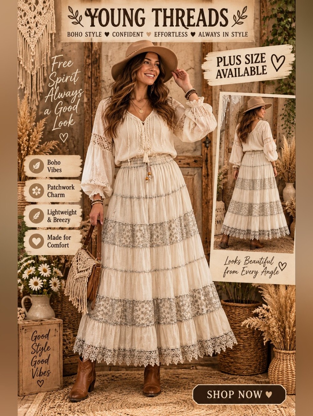 352. Young Threads Cream Boho Tiered Lace Maxi Skirt